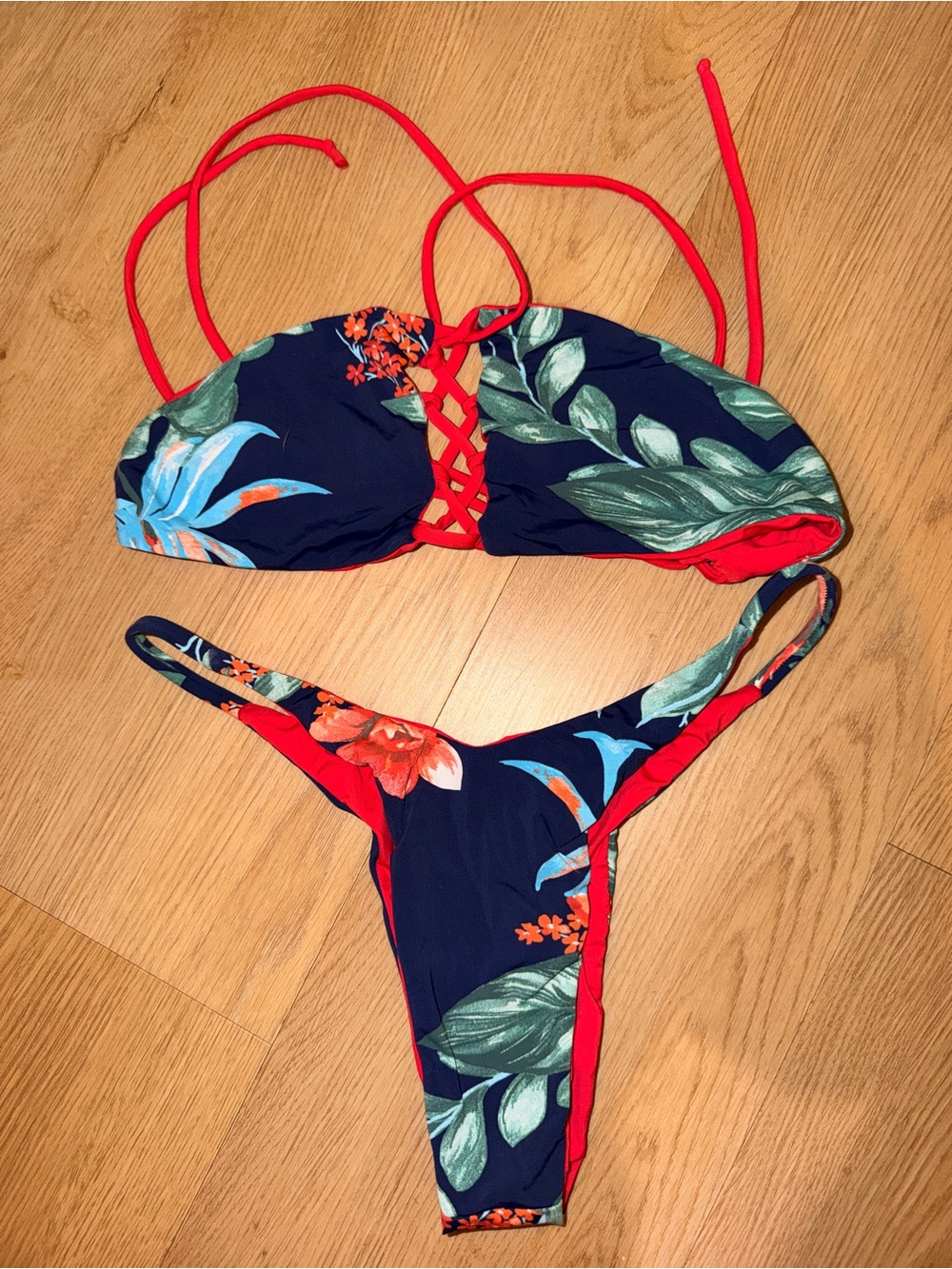 San Lorenzo Floral Navy and Red Lace-Up Bikini Set - Women Swim